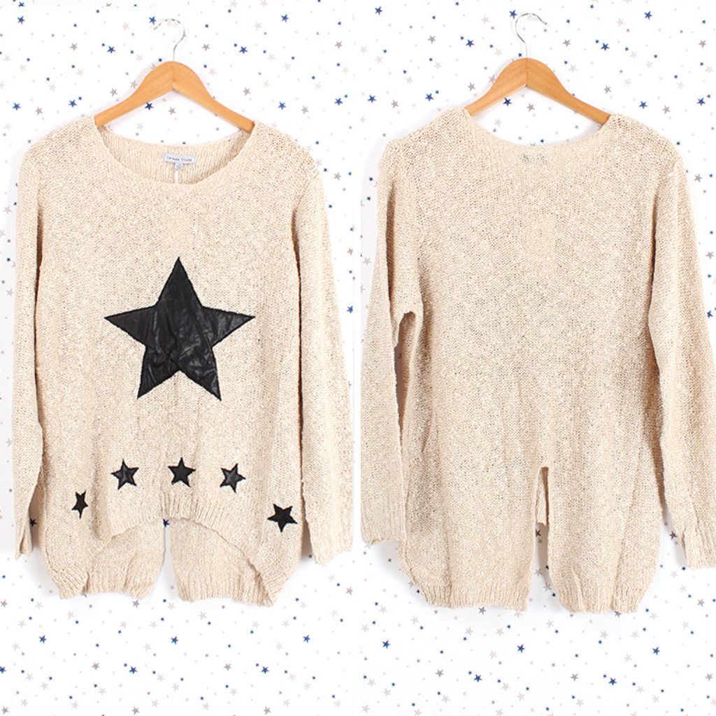 Star Accent Sparkle Knit Sweater Beige